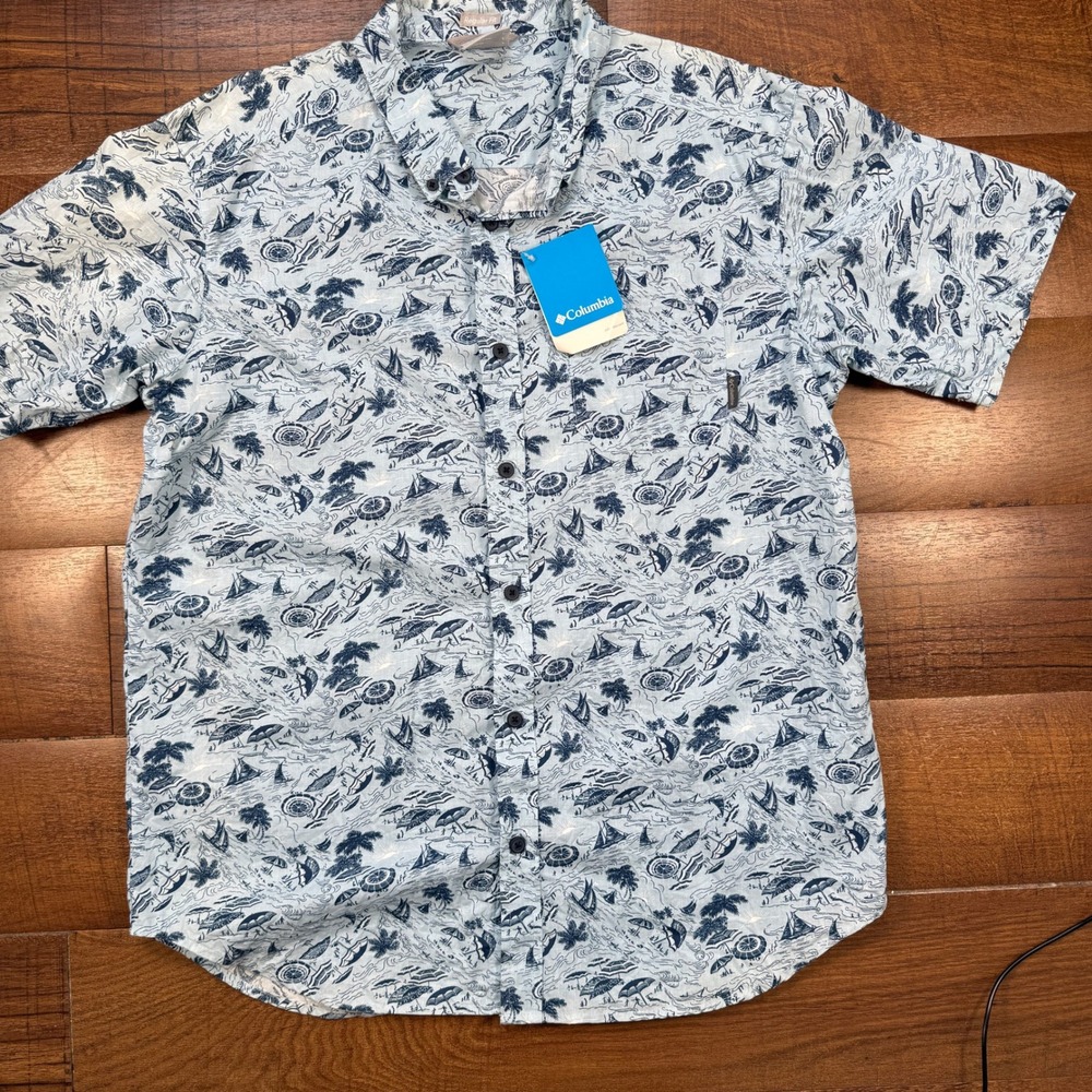 Columbia Rapid Rivers Shirt Mens Large Blue Beach Print Short Sleeve NWT